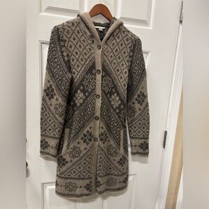 Royal Robbins Alpaca Blend Hooded Sweater Coat Fair Isle Knit Long Button Front